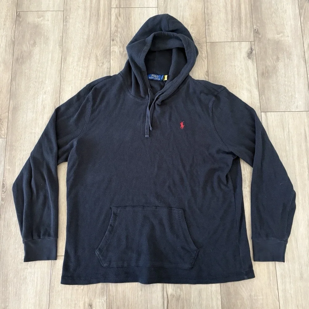 Polo Ralph Lauren Hoodie Mens XL Black Waffle Knit Kangaroo Pocket Pony Logo